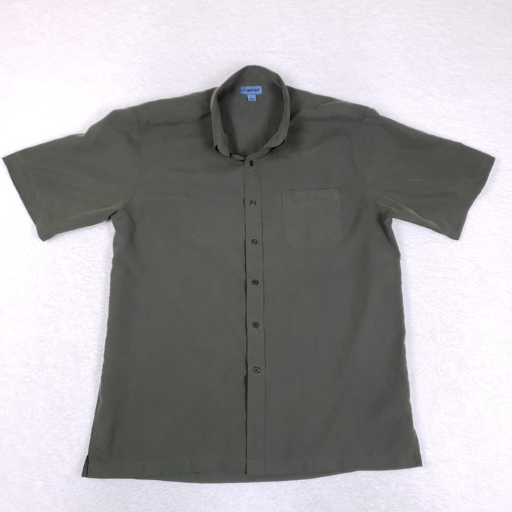 MOST Shirt Mens Large Short‎ Sleeve Button Down Pocket Olive Green Modal Blend